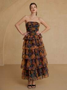 BELROSIE Fashion French Romantic High-End Organza Print Ruffle Trim Sleeveless Long Dress For Women - Multicolor - View 4