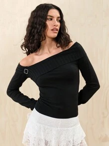 SHEIN EZwear 不對稱領帶扣細節套頭毛衣 - 黑色 - 查看 3