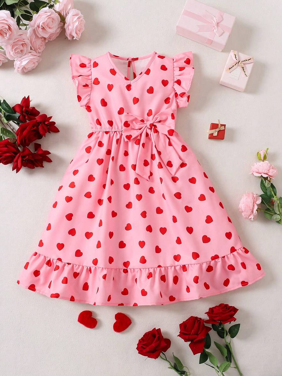 SHEIN Vestido midi con estampado de corazones en rojo y rosa lindo, con mangas con volantes y decoración de lazo grande para niñas, ideal para el Día de San Valentín