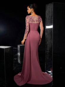 Glamrae Elegant Luxurious Embroidered Lace Applique Sheer Long Sleeve Crinkle Ruffle Side Slit Fishtail Hem Dress, Suitable For Weddings, Parties, Vacations, Galas, Evening Formal Occasions, Wedding Guest Dress, Party Dress,Gown