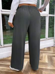 SHEIN Essnce 高腰褶皱侧袋阔腿华夫格工作加大码裤子 - 灰色 - 查看 2