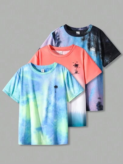 Buy 2 Get 1 Free, 3pcs/Pack Tween Boys' Tie Dye Coconut Tree Graphic Round Neck T-Shirts, Casual Vacation Outfits Suitable For Autumn, Spring, Summer, Outdoor, School, Street, Party And Leisure