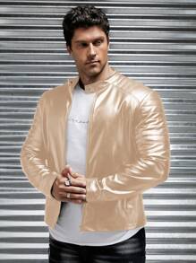 Manfinity LEGND Men's Solid Color Front Zipper Long Sleeve Pocket Casual Jacket, Minimalist Design, For Fall Winter - Camel - View 2