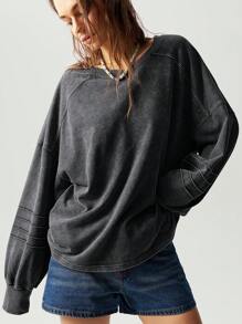 Bohemela Áo nỉ dài tay dáng rộng cổ chữ V màu trơn đơn giản cho nữ vào mùa thu/đông - màu đen - Xem 7