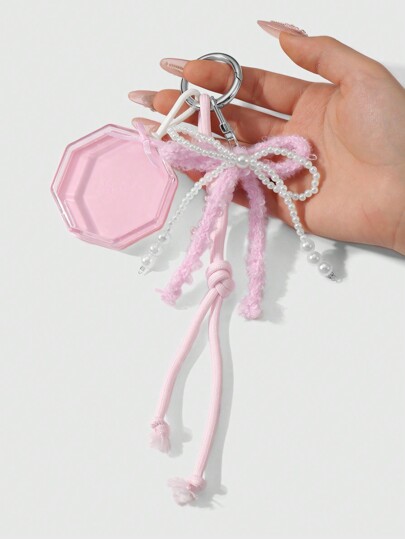 Kawaii 1 pièce Style coréen Mignon et élégant Perle blanche et boîte de rangement pour houppette rose en laine fait main Ouverture à 8 côtés Porte-clés Porte-breloque, Convient pour le port quotidien des femmes/filles et les cadeaux de vacances