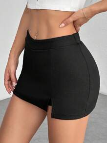 SHEIN PETITE 休闲纯色低腰开衩迷你裙 - 黑色 - 查看 5
