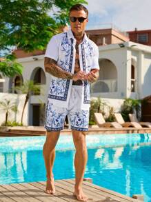 Manfinity RSRT Men Floral Print Short Sleeve Shirt & Shorts Set, Vacation Outfit Men Resort Wear