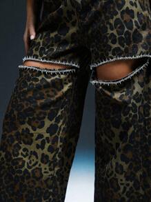 Denimoi Leopard Print Rhinestone Cut Out Jeans