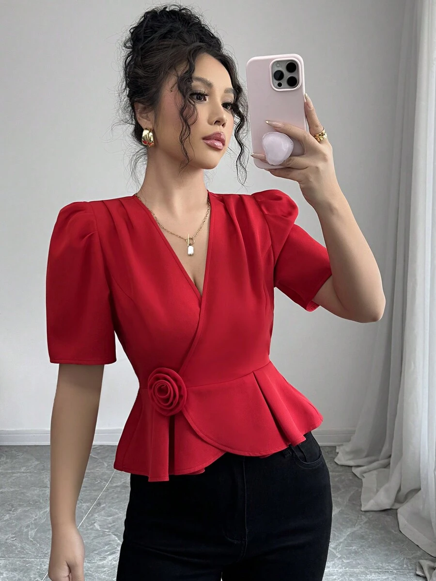 Elenzga 女士优雅 V 领分层肩部收腰公主袖花卉 3D 立领短上衣衬衫，浪漫通勤、节日、情人节