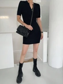 DAZY Women Short Wrap Style Short Sleeve Polo Neck Sweater Dress Fall - Black - View 3