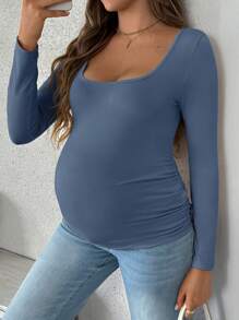 SHEIN Maternity Solid Color Long Sleeve Ruched Slim Fit T-Shirt, Casual For Daily Wear