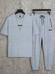 Manfinity Homme 2 件套男士字母贴花圆领短袖 T 恤和抽绳腰长裤