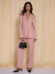 COSMINA Valentine's Day Padded Shoulder Pink Blazer Long Sleeve Jacket - Pink - View 3