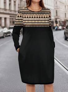 EMERY ROSE Plus Size Women's Floral Print Round Neck Loose Long Sleeve Dress With Pockets, Suitable For Autumn & Winter
