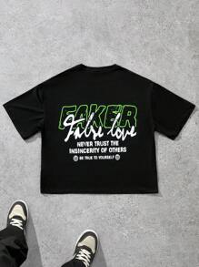 Manfinity EMRG Oversized Short Black T-Shirt With Green Graffiti Woman Figure Print - Black - View 3