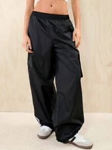 SHEIN EZwear 夏季裝扮口袋帶對比色膠帶貨褲 - 黑色 - 查看 3