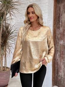 EMERY ROSE Long Sleeve Shirt,Women's Round-Neck Long-Sleeve Elegant Pink Shirt - Gold - View 5
