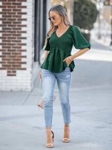 Wildy Women's Jade Green V-Neck Patchwork Hem Casual Shirt