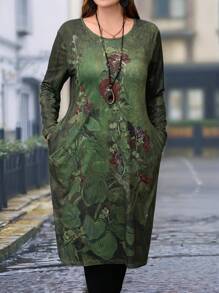 EMERY ROSE Plus Size Women Green Printed Long Sleeve Dress, Vacation Wear