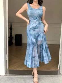 DAZY 1pc Floral Print Women Long Slip Dress SunDress - Blue - View 4