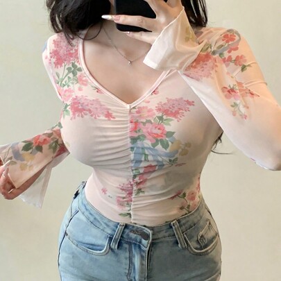 디티시 플로럴 쉬어 메쉬 브이넥 핏팅 긴팔 블라우스, 가을 여성 의류