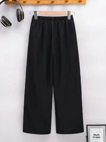 Tween Boy Loose Casual Solid Color Patchwork Sports Pants - Black - View 2
