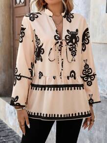 Gaivellea All-Over Print V-Neck With Ruffle Trim Long Sleeve Blouse - Apricot - View 4