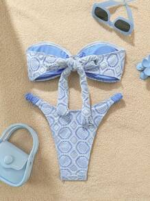 Swim Mod Áo Bandeau ren móc mùa xuân và quần bơi, Bộ đồ bơi đi biển dễ thương mùa hè cho nữ, Lễ hội Boho - Xanh và trắng - Xem 2