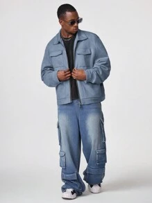 Manfinity VCAY Men's Front Zipper Pocket Casual Jacket With Collar, For Fall Winter - Blue - View 4