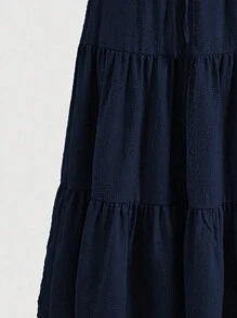 Mulvari Plus Size Solid Color Front Tie Pleated Waist Casual A-Line Skirt - Navy Blue - View 3
