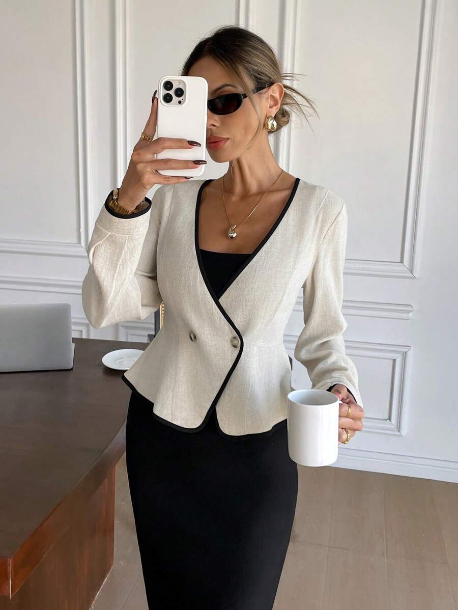 SHEIN Frenchy Áo khoác Blazer dài tay màu trơn thường ngày dành cho nữ, phong cách tối giản cho trang phục hàng ngày, áo khoác vest vải lanh có viền tương phản, eo bó, gấu áo chữ A nhún bèo, áo khoác dài tay có vạt gấp, trang phục không thể thiếu khi đi làm vào mùa thu/đông - Màu be - Xem 1