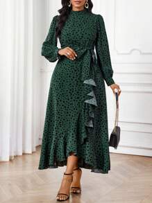 SHEIN Lady Vestido largo de mujer con estampado integral, cintura anudada y volantes en el bajo, elegante para usar en el Día de San Valentín, Año Nuevo, en el trabajo o en todas las estaciones - Verde - Ver 4