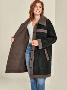 SHEIN Clasi Plus Size Women Winter Clothes Contrast Color Lapel Long Sleeve Single-Breasted Casual Padded Padded Coat - Multicolor - View 6
