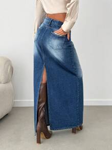 EURMUSE Casual Distressed Denim Long Skirt With Side Slit - Medium Wash - View 2