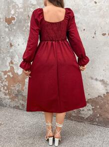 SHEIN Unity Sweet Square Neck Puff Sleeve Waist Flared Hemline Split Dress Fall Cloth For Women - Multicolor - View 2