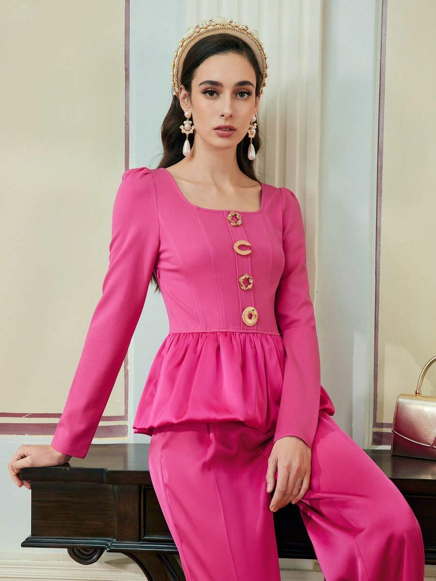 ZEYLAH BLUS LENGAN PANJANG WANITA DENGAN KANCING DEPAN DAN MODEL PEPLUM - Hot Pink - View 1