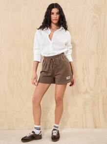 Easelle Summer Loose And Casual Brown Drawstring Waist Patched Detail Sports Shorts