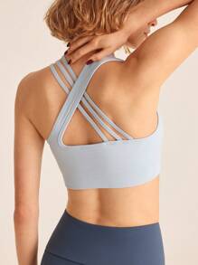 SHEIN Sports 女士纯色交叉简约运动胸罩，休闲时尚，适合日常穿着 - 灰色 - 查看 2
