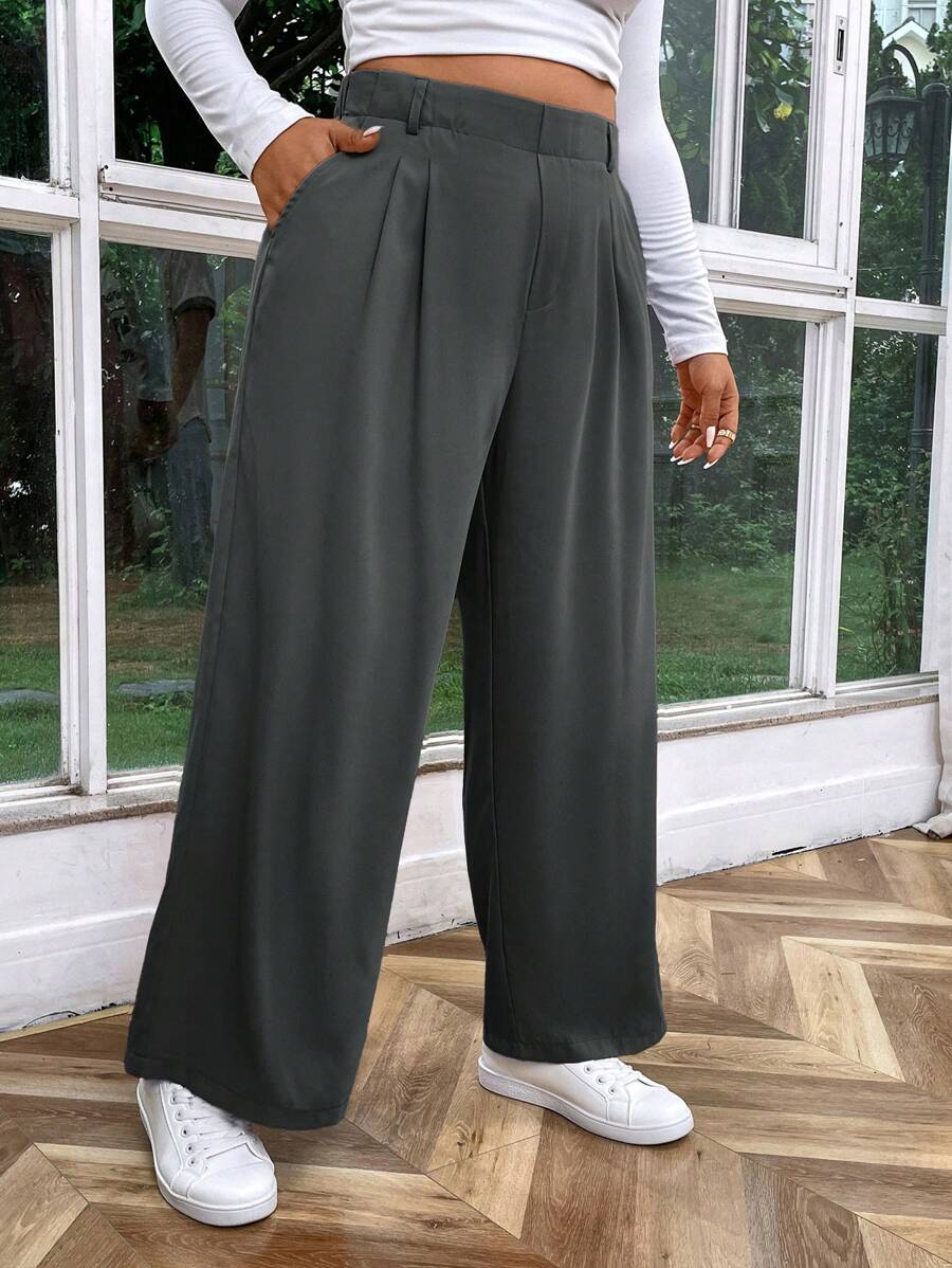 SHEIN Essnce High Waisted Plicated Side Pocket Wide Leg Waffle Work Plus Size Pants - Grey - View 1