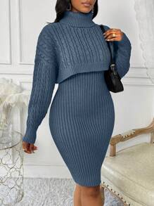 SHEIN Clasi 2pcs Women Casual Solid Color Cable Knit Oversized Turtle Neck Sweater + Fitted Knitted Dress, Two-Piece Set - Royal Blue - View 6