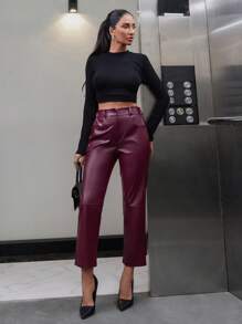 EURMUSE Women's Burgundy Casual Cropped PU Pants - Burgundy - View 1