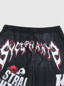 ROMWE MEN Street Life Men's Digital Print Drawstring Pocket Casual Frayed Hem Shorts - Black - View 3