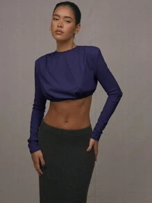 MUSERA Elasticated Hem Crop Top Casual Summer Fall - Navy Blue - View 1