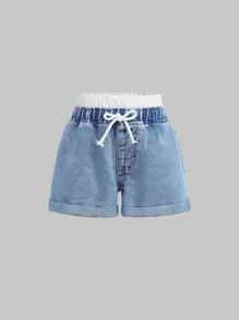 SHEIN Young Girl' Y2K White Drawstring Waist Blue Denim Shorts,Kid Girls Spring And Summer Casual Vacation Boho Homewear,Beach Outfits For Kid Girls - Light Wash - View 5