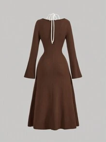 SHEIN MOD Women Casual Minimalist Waist-Cinched Flare Sleeve Dress, Autumn, For2-In-1 Knit Casual Bodycon Midi Dress For Women,White And Brown, Long Halter Neck Women's Dress,Flared Long Sleeves, Button Neckline, - Multicolor - View 3