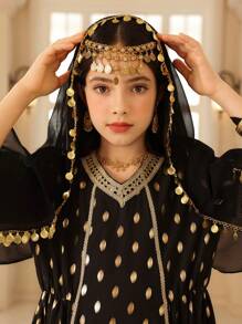 青少年女孩优雅派对金箔印花长裙配披肩 - 黑色 - 查看 8