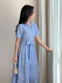 DAZY 条纹衬衫式连衣裙，收腰设计，优雅显瘦 - 藍色 - 查看 4