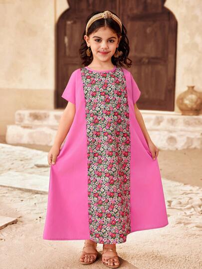 SHEIN 年轻女孩合身花卉印花拼色圆领无袖长款毛衣连衣裙