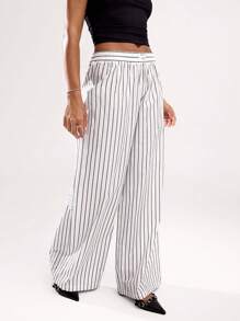 SHEIN BAE De damă, culoare uni, talie elastică, simplu, detaliu în dungi, pantaloni largi, cu talie joasă, potriviți pentru îmbrăcăminte zilnică ocazională, ieșiri - Multicolor - Vizualizare 6