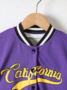 SHEIN 2pcs/Set Young Boy Striped & Letter Printed Front Button Short Sleeve Top And Shorts Set - Purple - View 3